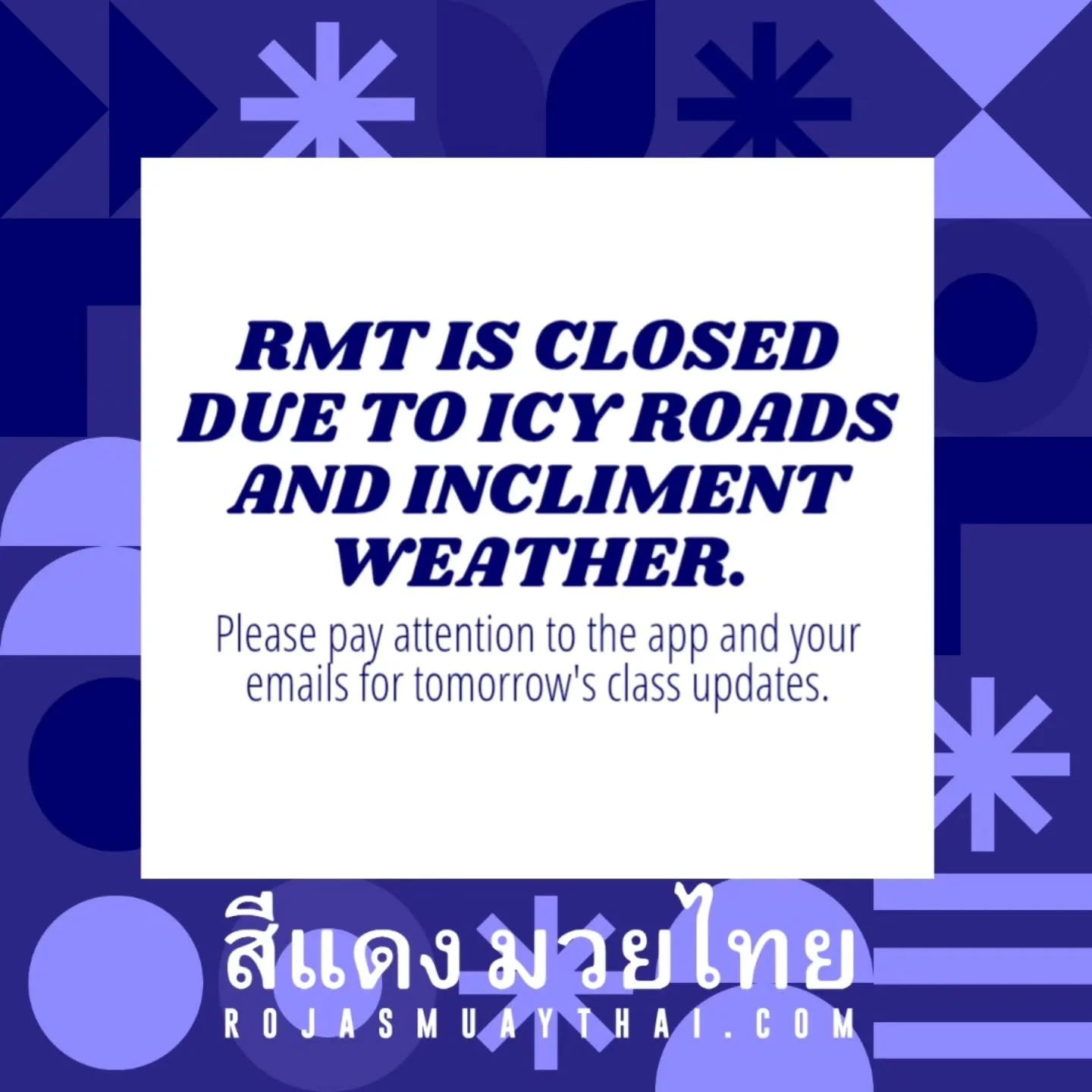 ATTENTION RMT FAMILY AND FRIEND!
We have chosen to close the gym today, January 26, 2026 due to icy roads and incliment weather. Please pay attention to your App and emails for tomorrow's classes. Thank you, stay warm amd be safe! 🙏🏽