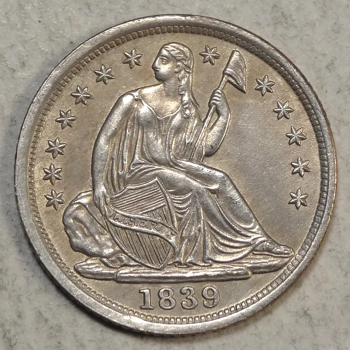 1839 Liberty Seated Half Dime, Choice Almost Uncirculated, Repunched Date