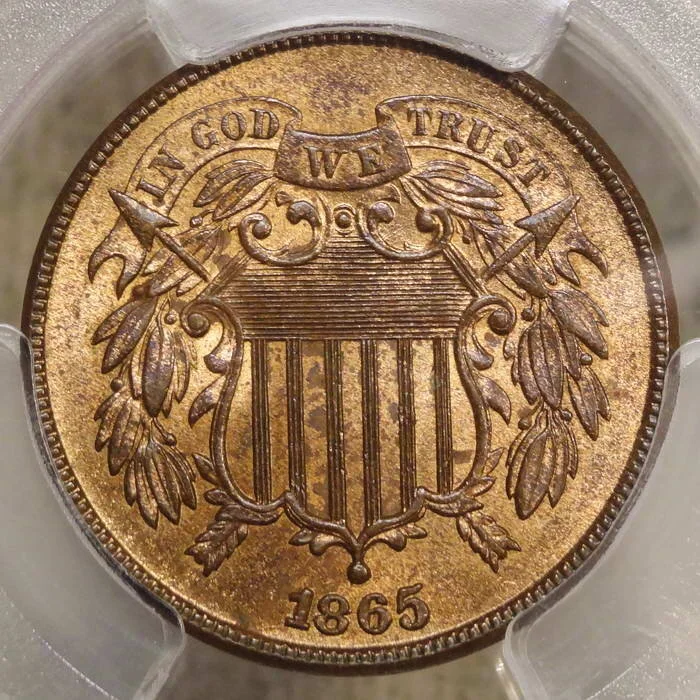 1865 Two Cent Piece, Plain 5, Repunched Date, PCGS/CAC MS-64RB