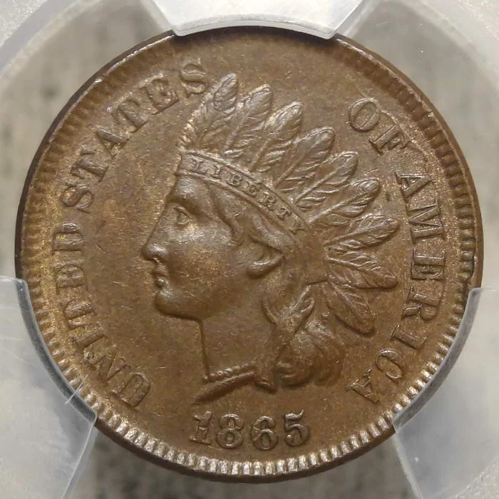 1865 Indian Cent, Choice AU/Unc Slider, PCGS AU-58