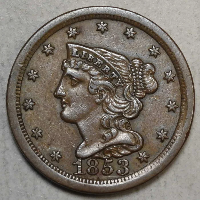 1853 Braided Hair Half Cent, Almost Uncirculated