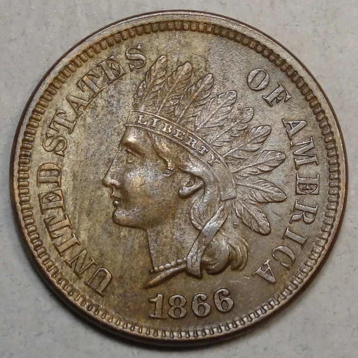 1866 Indian Cent, Choice AU/Unc, Original "Slider" (AU-58)
