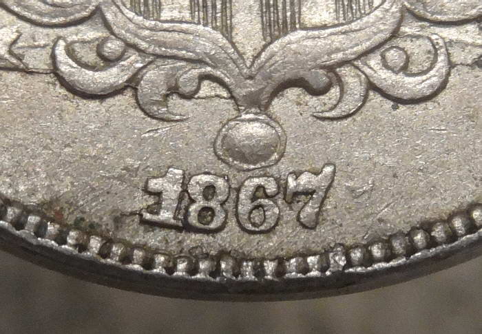 1867 With Rays Shield Nickel, 1867/1867, Repunched Date, FS-301