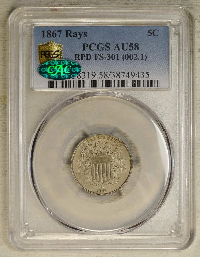 1867 With Rays Shield Nickel, 1867/1867, Repunched Date, FS-301