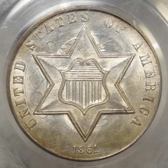 1861 Three Cent Silver, PCGS/CAC MS-63, HEAVY Obverse Die Clash