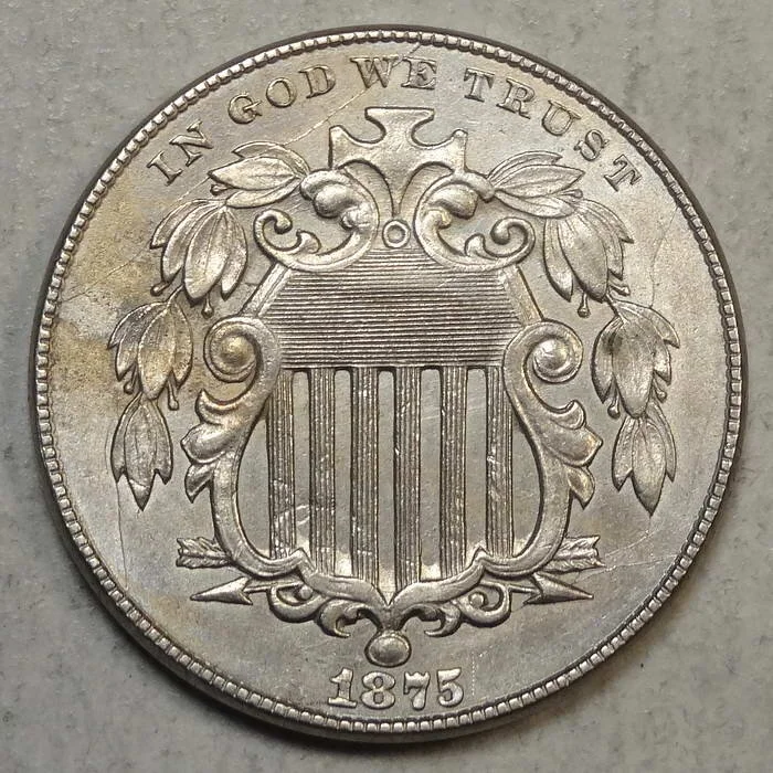 1875 Shield Nickel, Choice Almost Uncirculated, Very Scarce