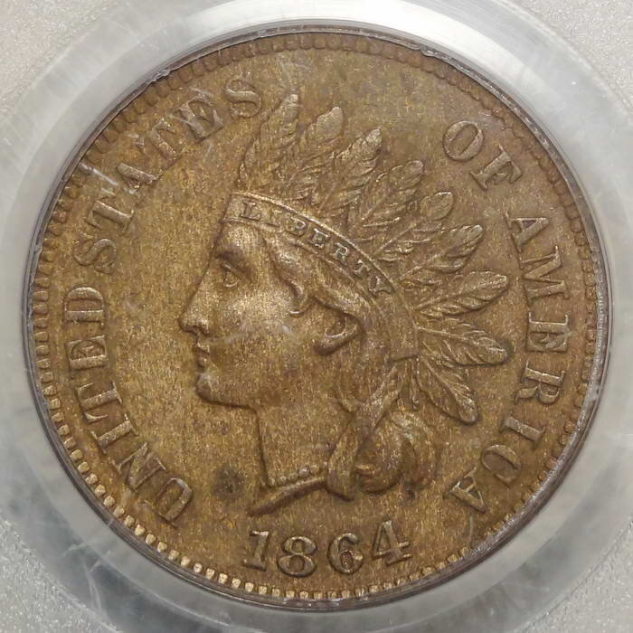 1864-L Indian Cent, PCGS AU-58, Old Holder, Repunched Date