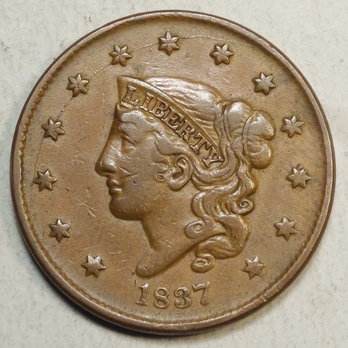 1837 Coronet Head Large Cent, Plain Cord, Small Letters, PCGS VF-30