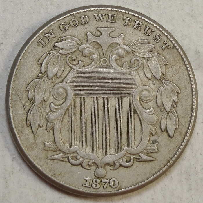 1870 Shield Nickel, Original Almost Uncirculated Coin