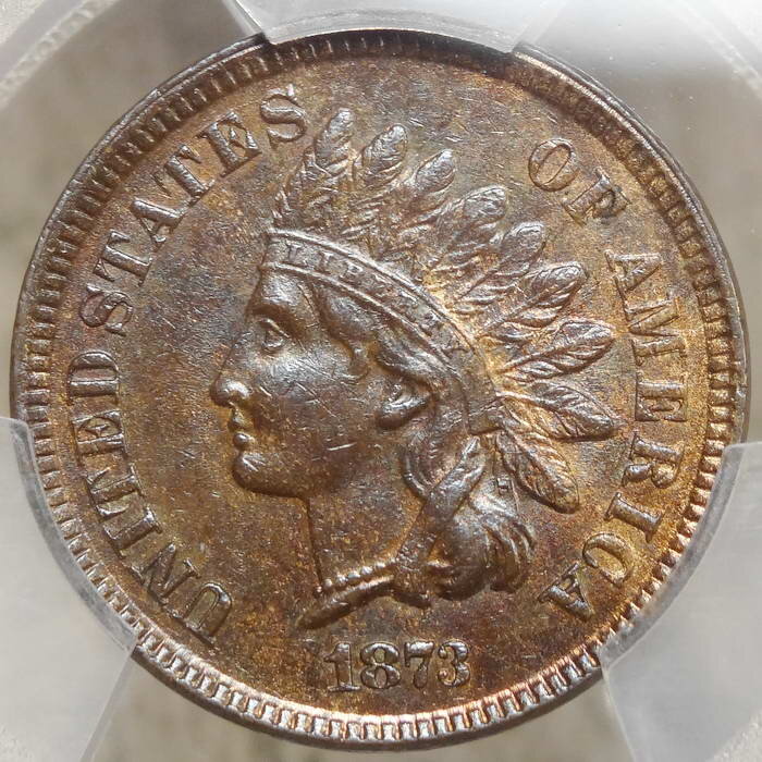 1873 Indian Cent, Open 3, PCGS AU-58