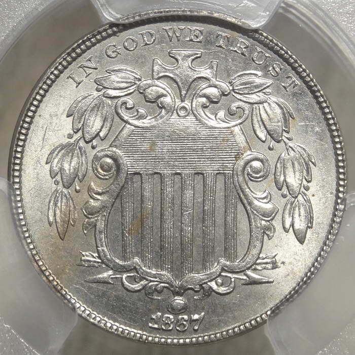 1867 Shield Nickel, No Rays, Choice Uncirculated, PCGS MS-63