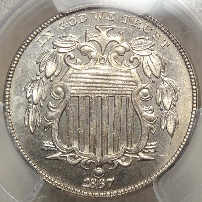 1867 Shield Nickel, No Rays, Gem Uncirculated, PCGS MS-65