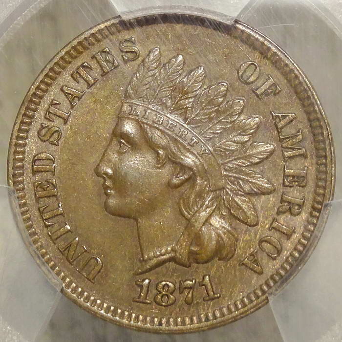 1871 Indian Cent, PCGS/CAC AU-58, Stunning Original "Slider"