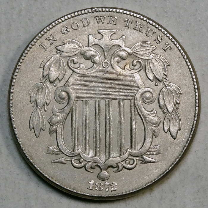 1872 Shield Nickel, Almost Uncirculated