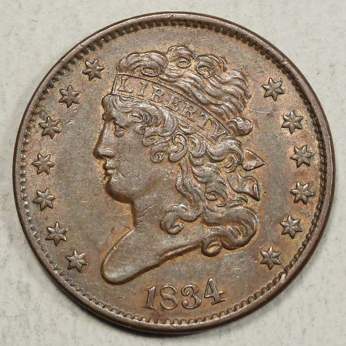 1834 Classic Head Half Cent, Choice Almost Uncirculated