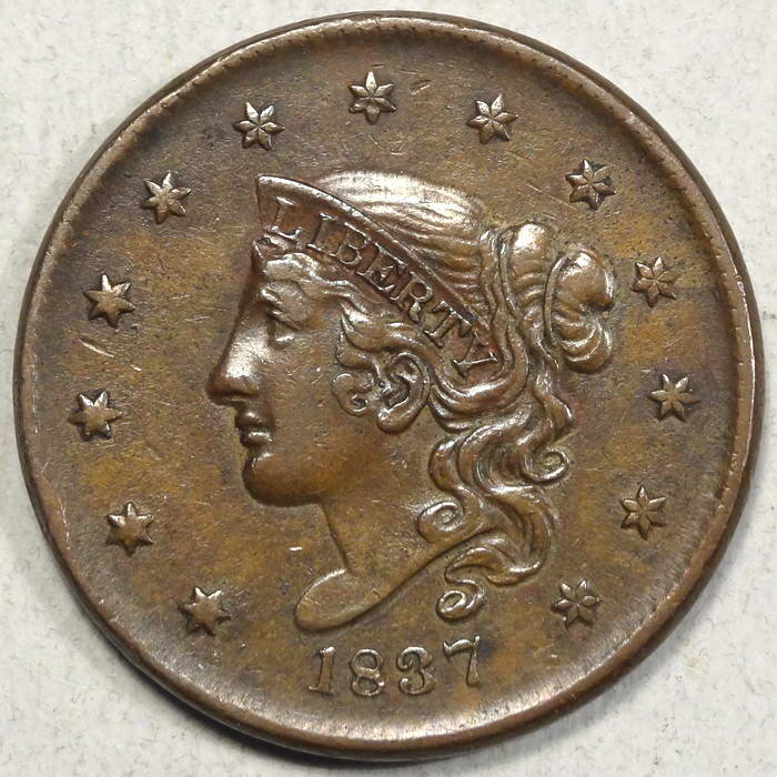 1837 Coronet Head Large Cent, Medium Letters, Choice Almost Uncirculated
