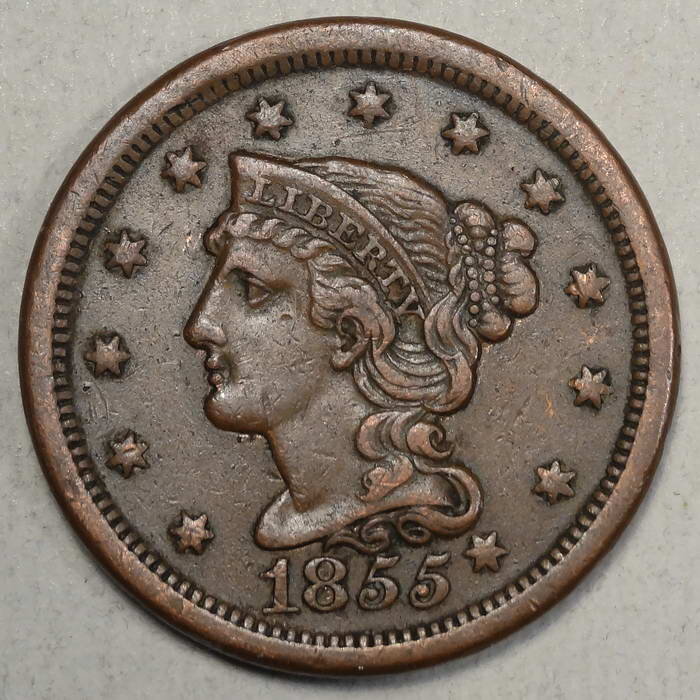 1855 Braided Hair Large Cent, Slanted Fives, Choice Very Fine