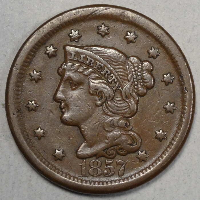 1857 Braided Hair Large Cent, Large Date, Choice Very Fine