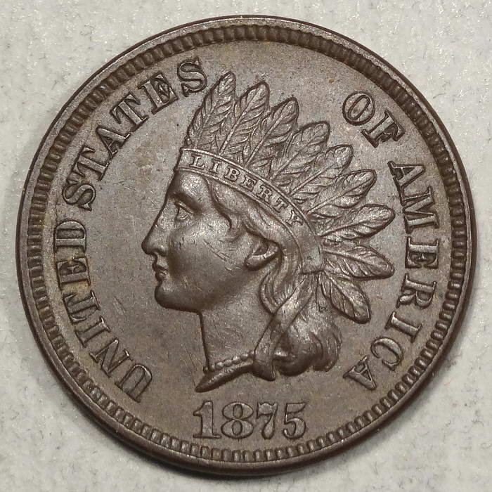 1875 Indian Cent, Choice Almost Uncirculated