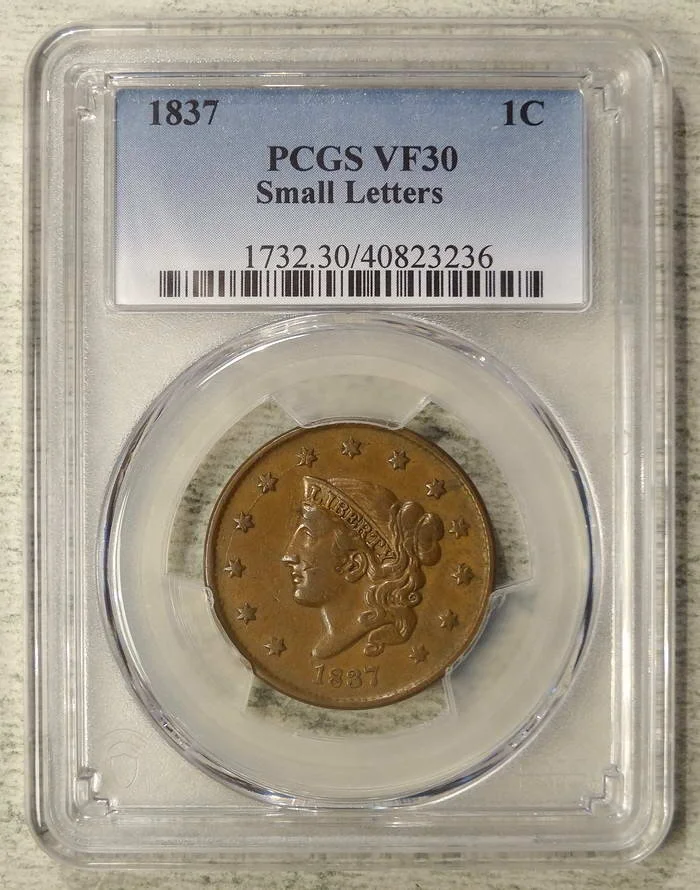1837 Coronet Head Large Cent, Plain Cord, Small Letters, PCGS VF