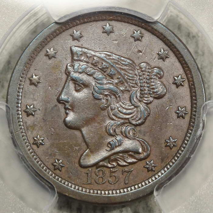 1857 Braided Hair Half Cent, Last Year of Type, PCGS AU-58