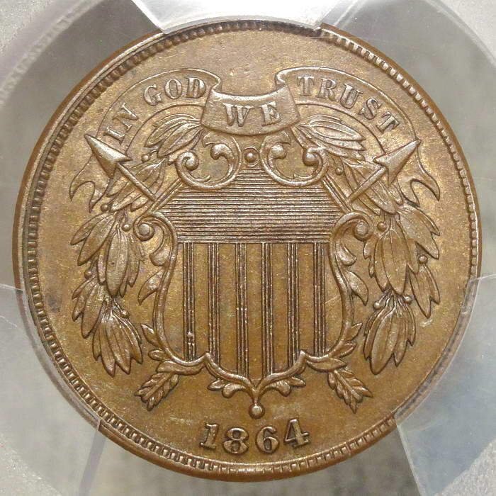 1864 Two Cents, Large Motto, Choice Almost Uncirculated, Original