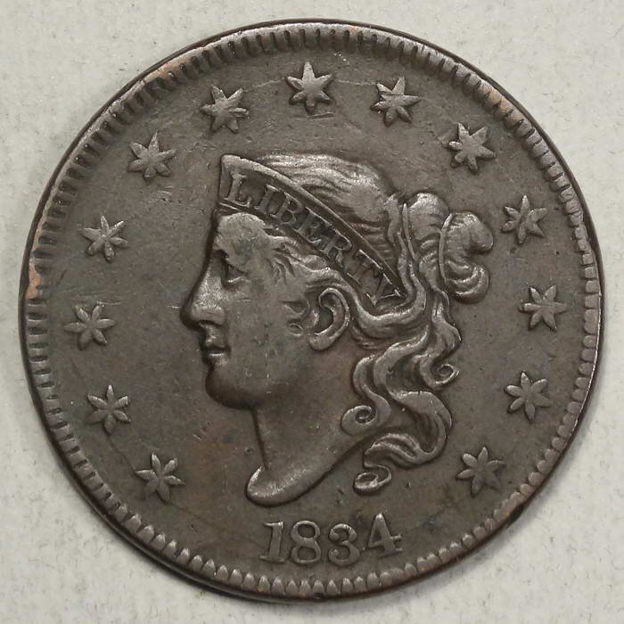 1834 Coronet Cent, Large 8 &amp; Stars, Large Letters Reverse, N-6, Scarce