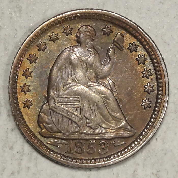 1853 Liberty Seated Half Dime, Almost Uncirculated+, Nice Color!