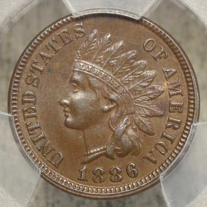1886 Indian Cent, Type 1, Choice Almost Uncirculated PCGS AU-58, Scarce