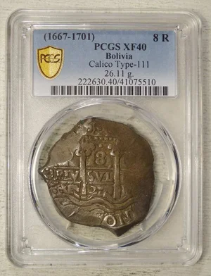 Bolivia 8 Reales Cob, Carlos II, ORIGINAL PCGS XF-40, Rare