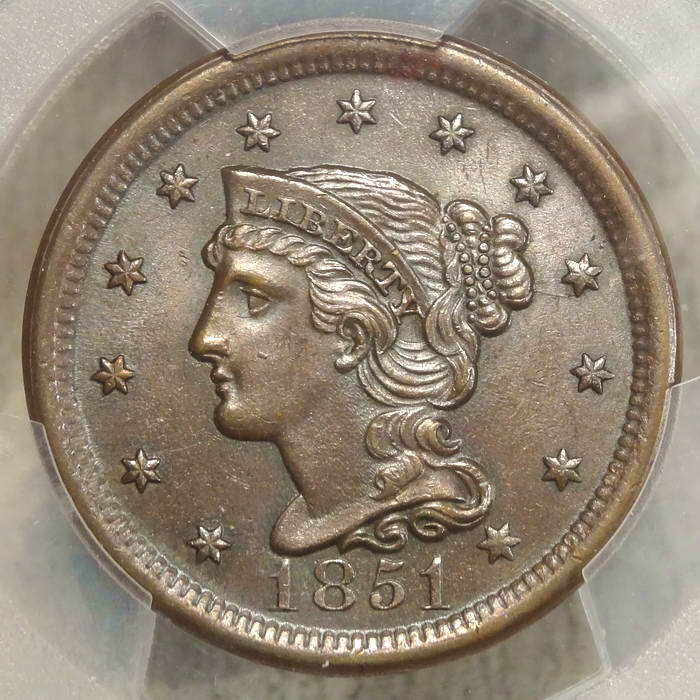 1851 Braided Hair Large Cent, PCGS MS-63BN, Flashy Type Coin