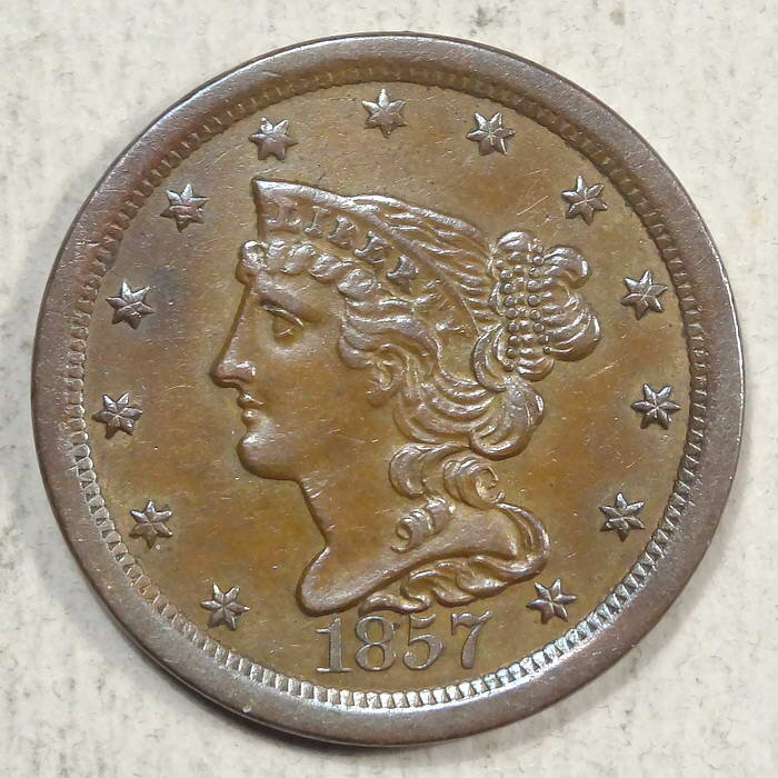 1857 Braided Hair Half Cent, Choice AU/Unc, Last Year of Type