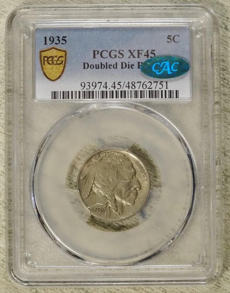 1935 Buffalo Nickel, Doubled Die Reverse, PCGS/CAC XF-45, Scarce Variety