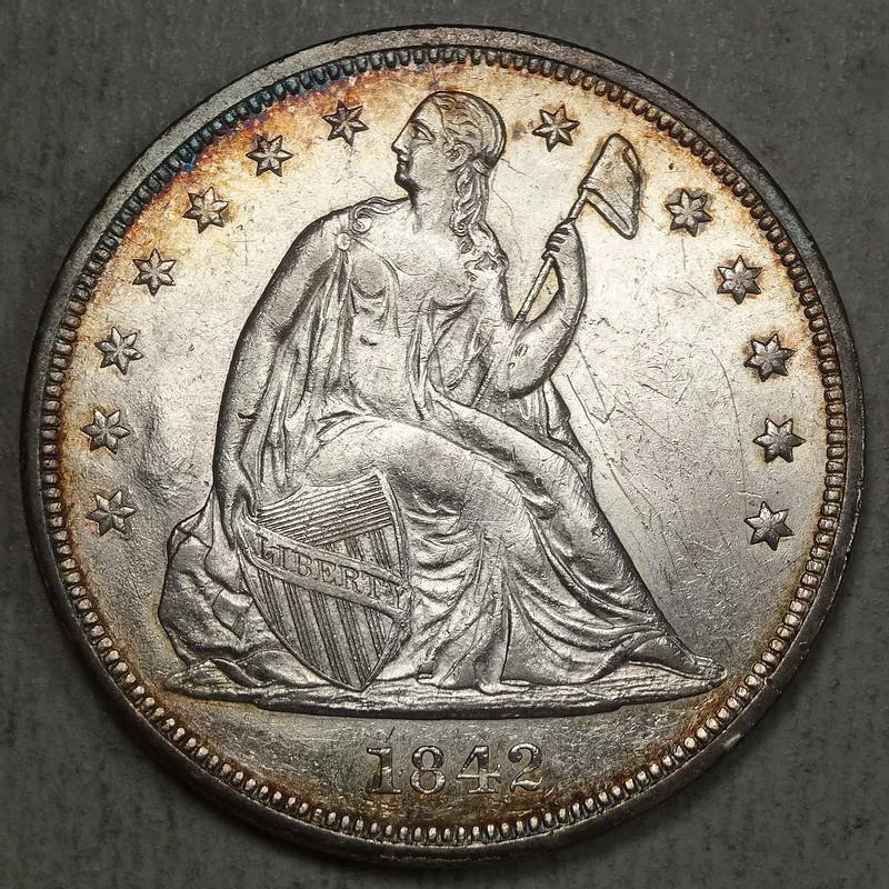 1842 Seated Liberty Dollar, Almost Uncirculated+, Lightly Prooflike