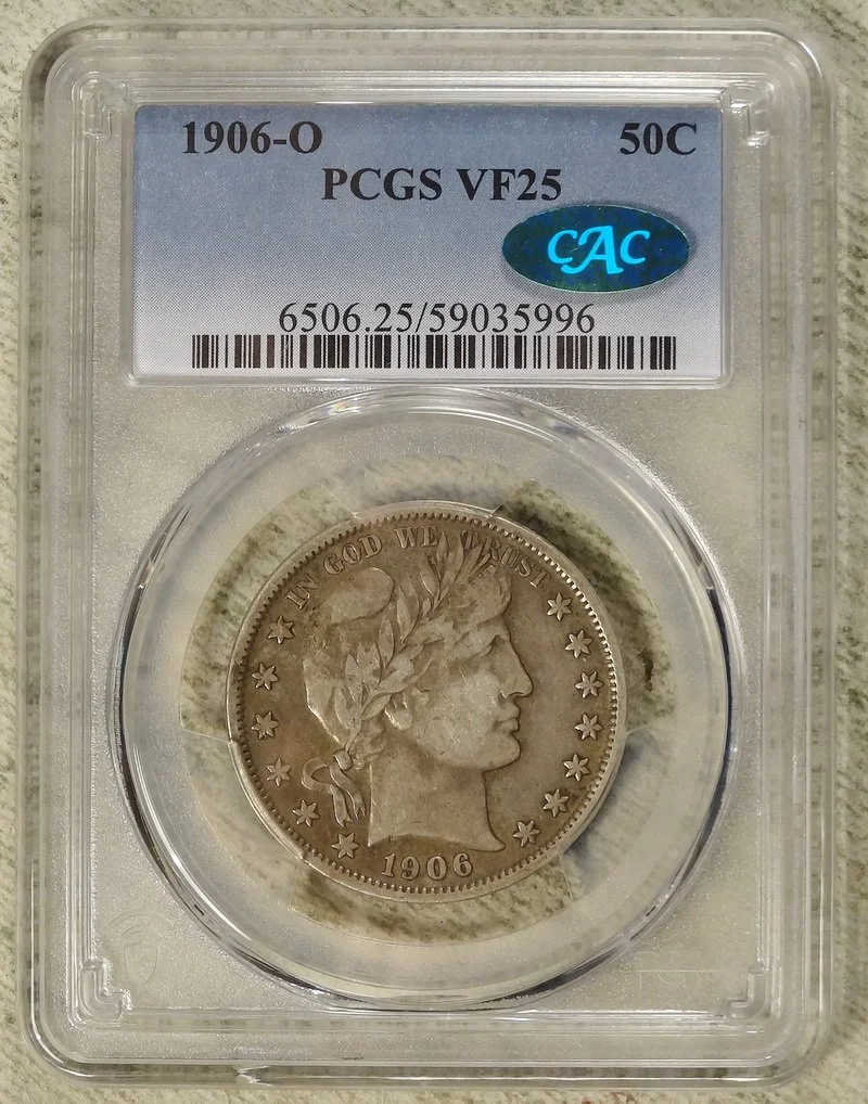 1906-O Barber Half Dollar, Very Fine+ PCGS/CAC VF-25, Nice Coin