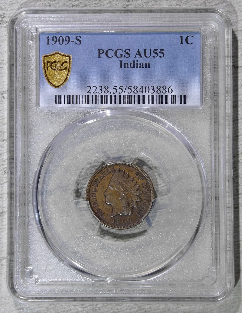 1909-S Indian Cent, Choice Almost Uncirculated PCGS AU-55, Original Key Date