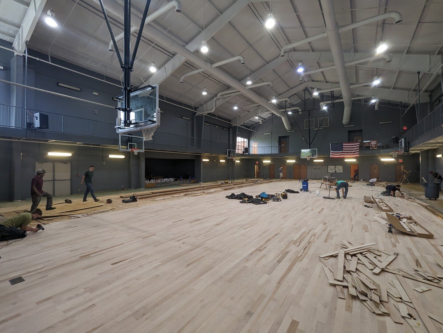 VBC update!! 

Slow and steady wins the race on this job. We have 11 people at this church working in several different areas on various things. Only THREE of which are actually installing the floor! 

This install is a mix of staple and glue down. T