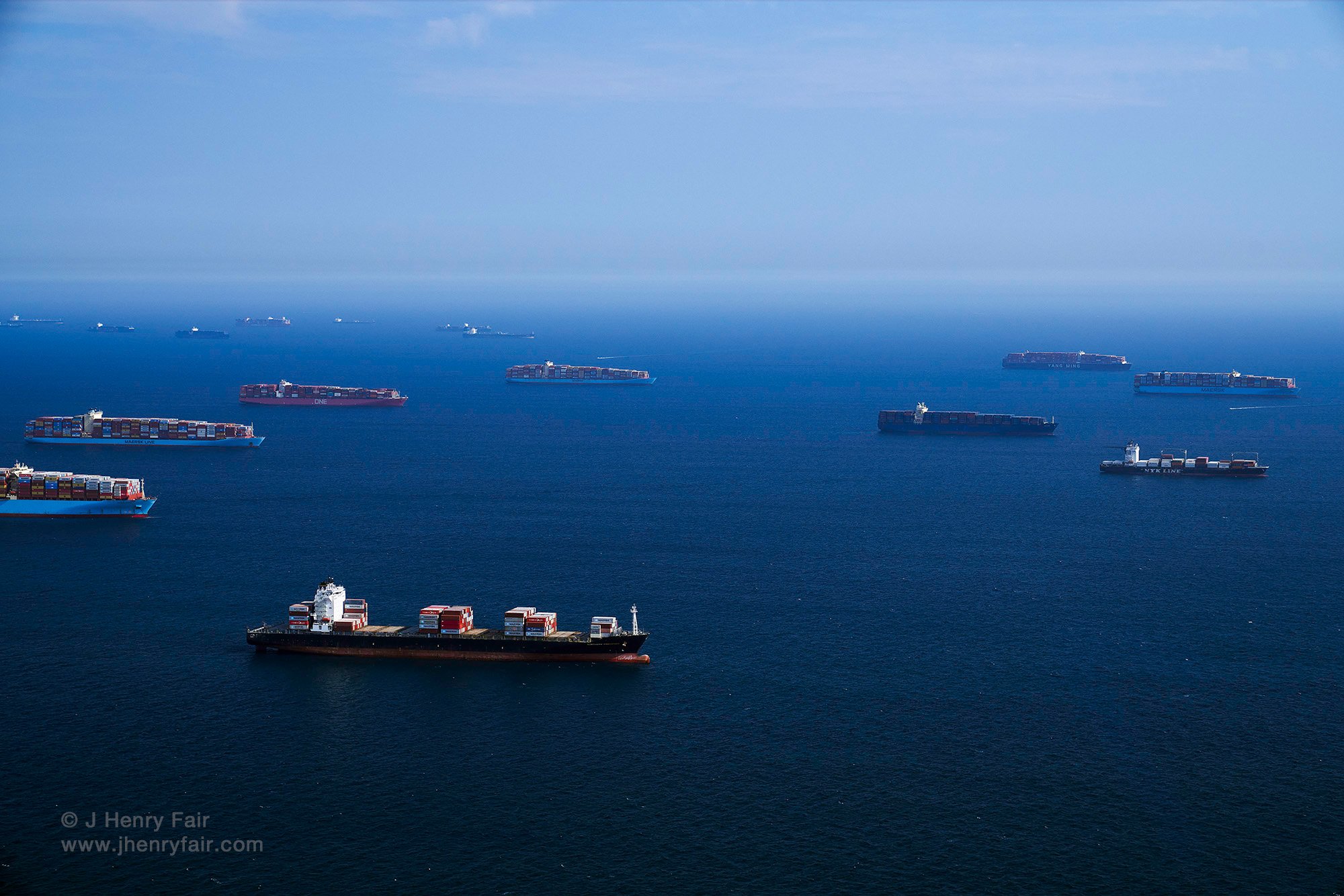  Container ships waiting offshore from Los Angeles Harbor 