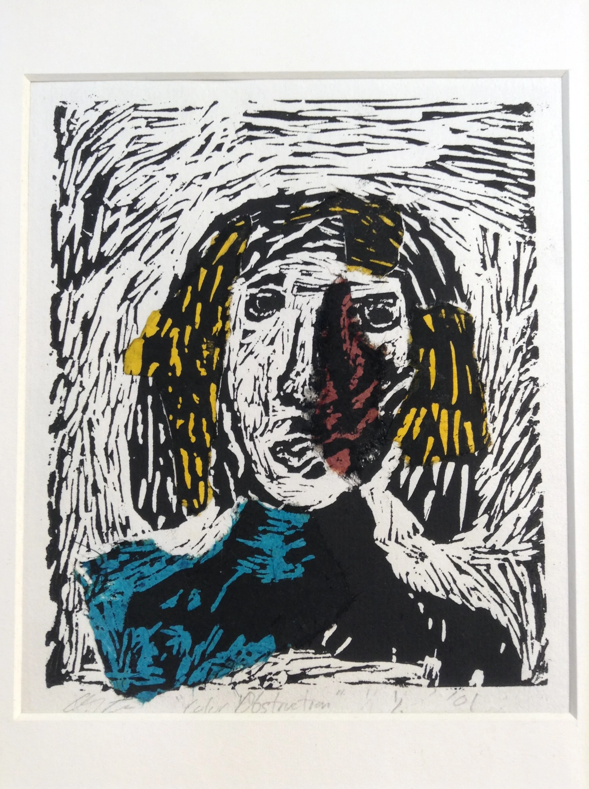  “Colored Obstruction”  Linocut with found paper  1/1  5x7  2001 