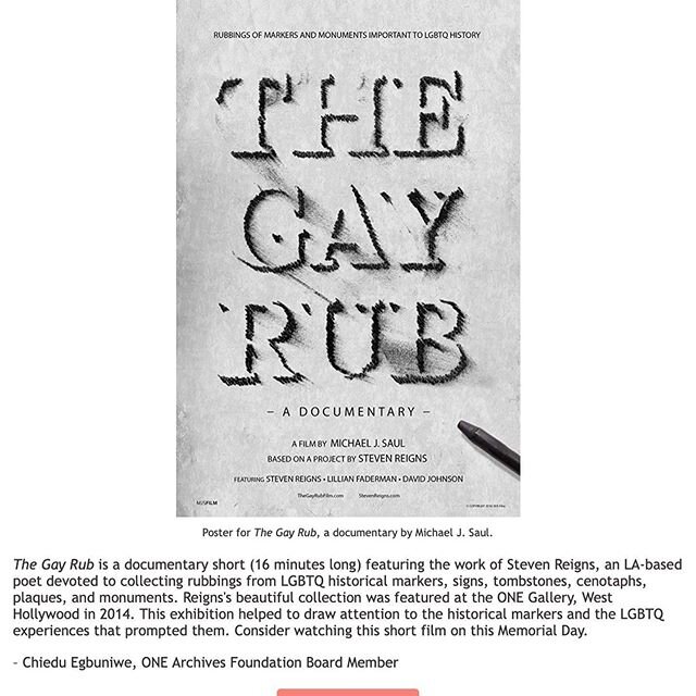 The Gay Rub documentary was featured in recent issue of One Archives' Queerantine.