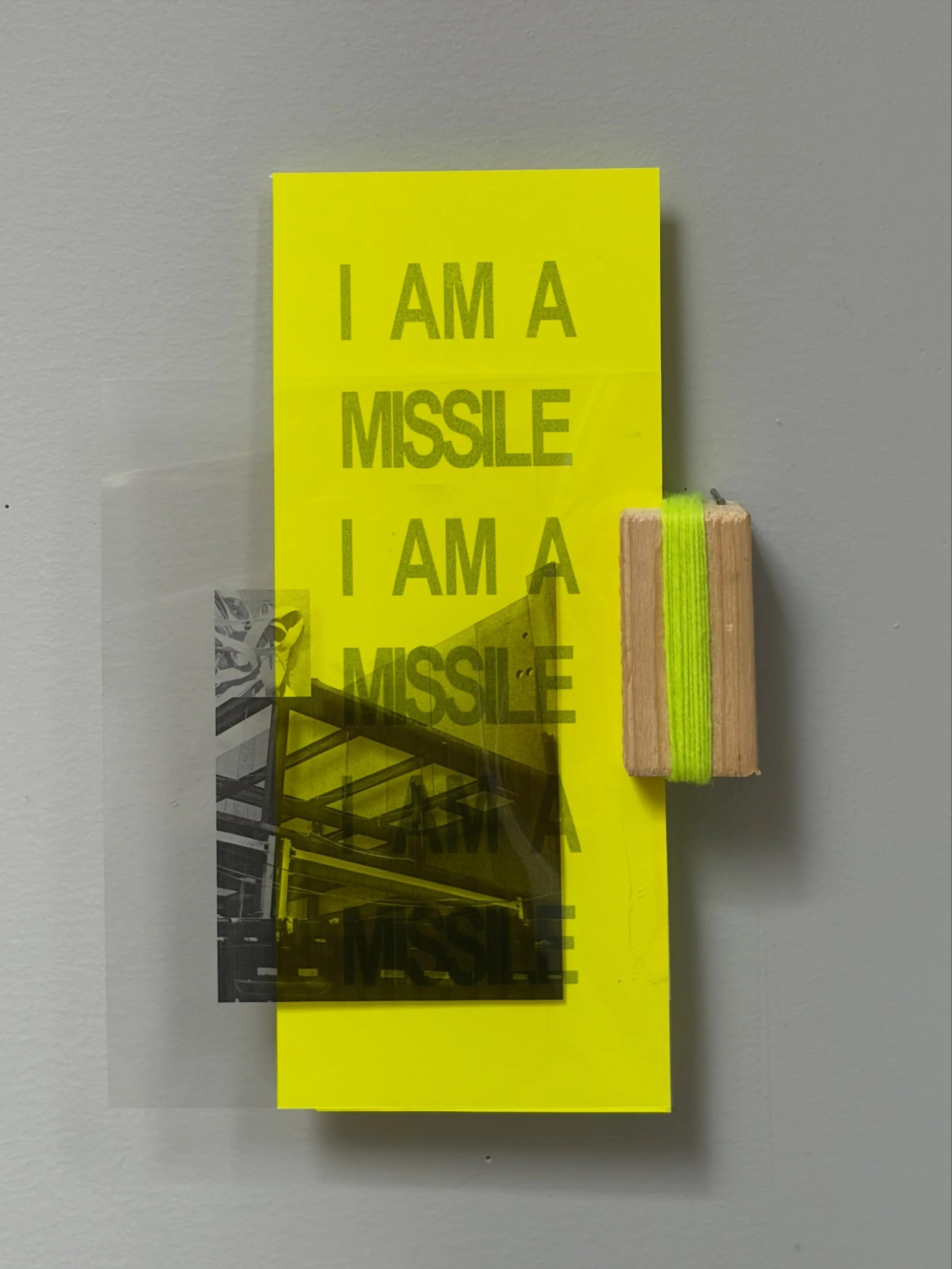 I AM A MISSILE

11&rdquo;x5&rdquo;x1&rdquo;

Missile: Latin origin &lsquo;missilis&rsquo; - &ldquo;that may be thrown or hurled&rdquo; deriving from the verb mittere, meaning &ldquo;to send, release, or let go.&rdquo;
