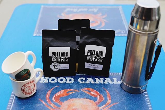 Pick up some @pollardperse coffee to take home tomorrow...our special Hood Canal french roast has notes of dark chocolate, tobacco, toasted marshmallow or try the Mexico blend with a fruity blend of lemon, strawberry, nutmeg