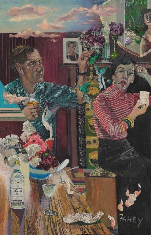  Jacqueline Fahey,  Drinking Couple: Fraser Analysing My Words , 1977, Oil on board, The University of Auckland Art Collection 