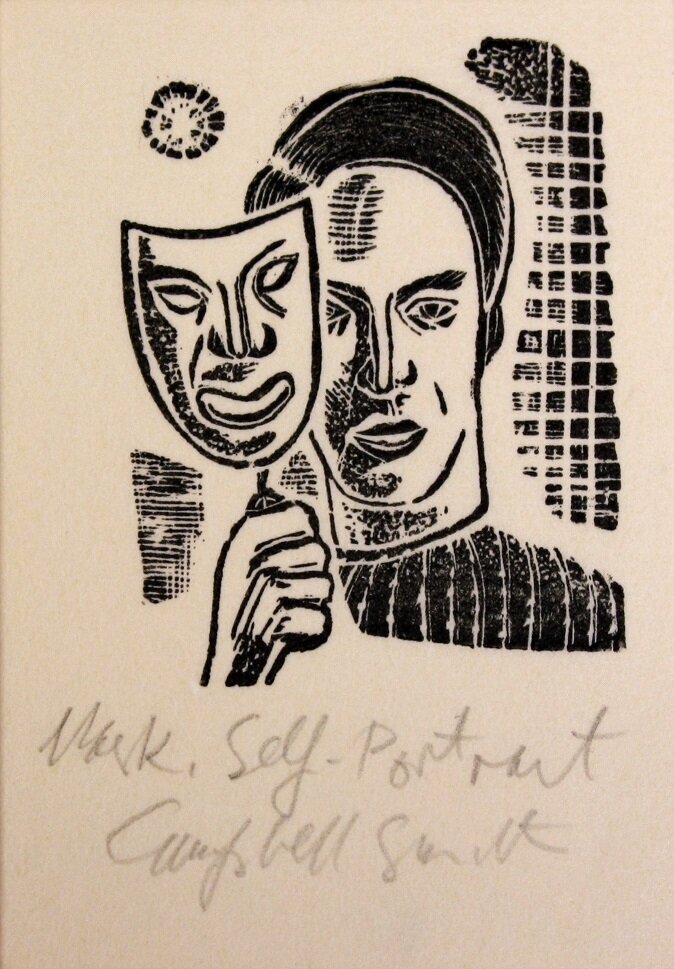  Campbell Smith,  Mask Self Portrait , 2013, Woodcut print on paper, New Zealand Portrait Gallery Collection 
