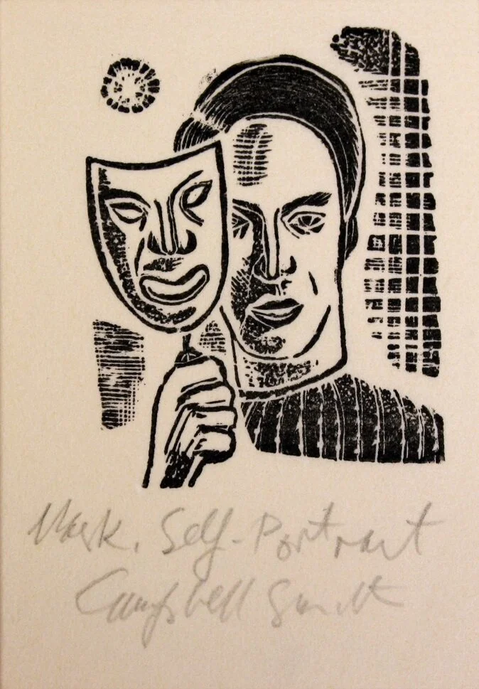  Campbell Smith,  Mask Self Portrait , 2013, Woodcut print on paper, New Zealand Portrait Gallery Collection 