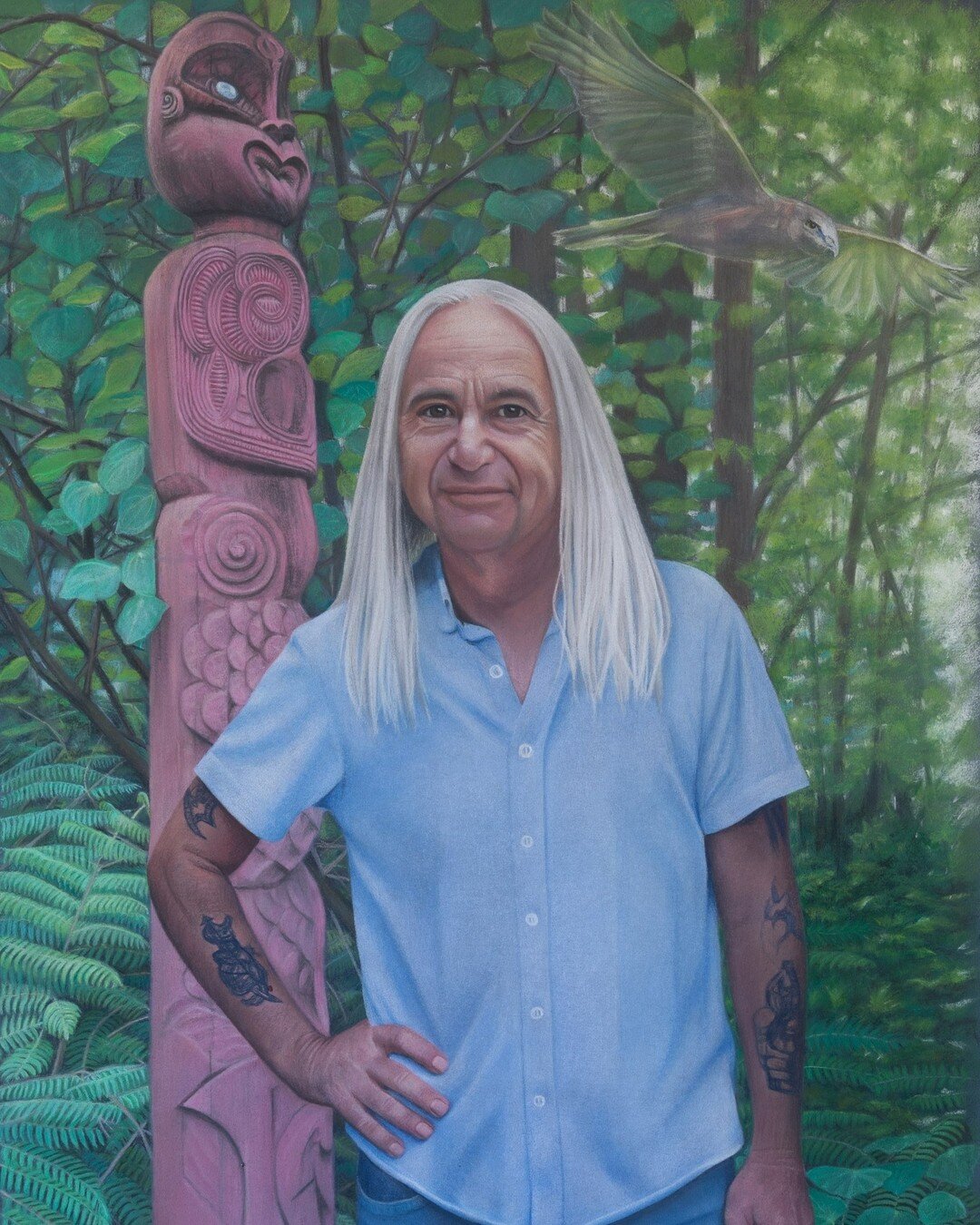 Highly Commended: Raewyn Helms-Davis 'Kāhu and the Carver' 2021.

&quot;Driving over the Tapu Hills to meet Peter at his 
home in the Kauaeranga Valley near Thames, I am 
accompanied by a kāhu, which flies alongside my car. The bird, I discover, is P
