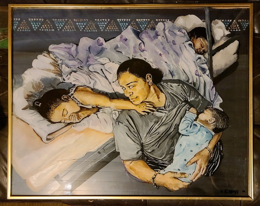 Adam Portraiture Award Finalist Victoria McNaughton. 'Connection' 2022.

&quot;Ashleigh: mother, daughter, sister, granddaughter, 
great-granddaughter. A tāniko pattern represents her dad (Thomas) and new baby Waiāio. I&rsquo;d like to connect Ash&rs