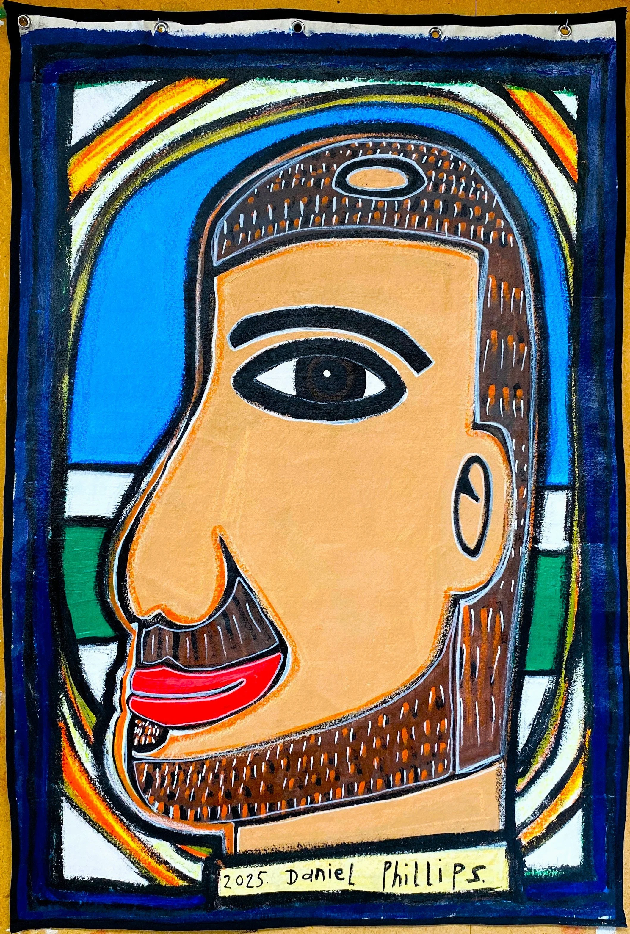 Daniel Phillips, Self Portrait - Seat F plane to Auckland, 2025. Acrylic paints and paint pens.