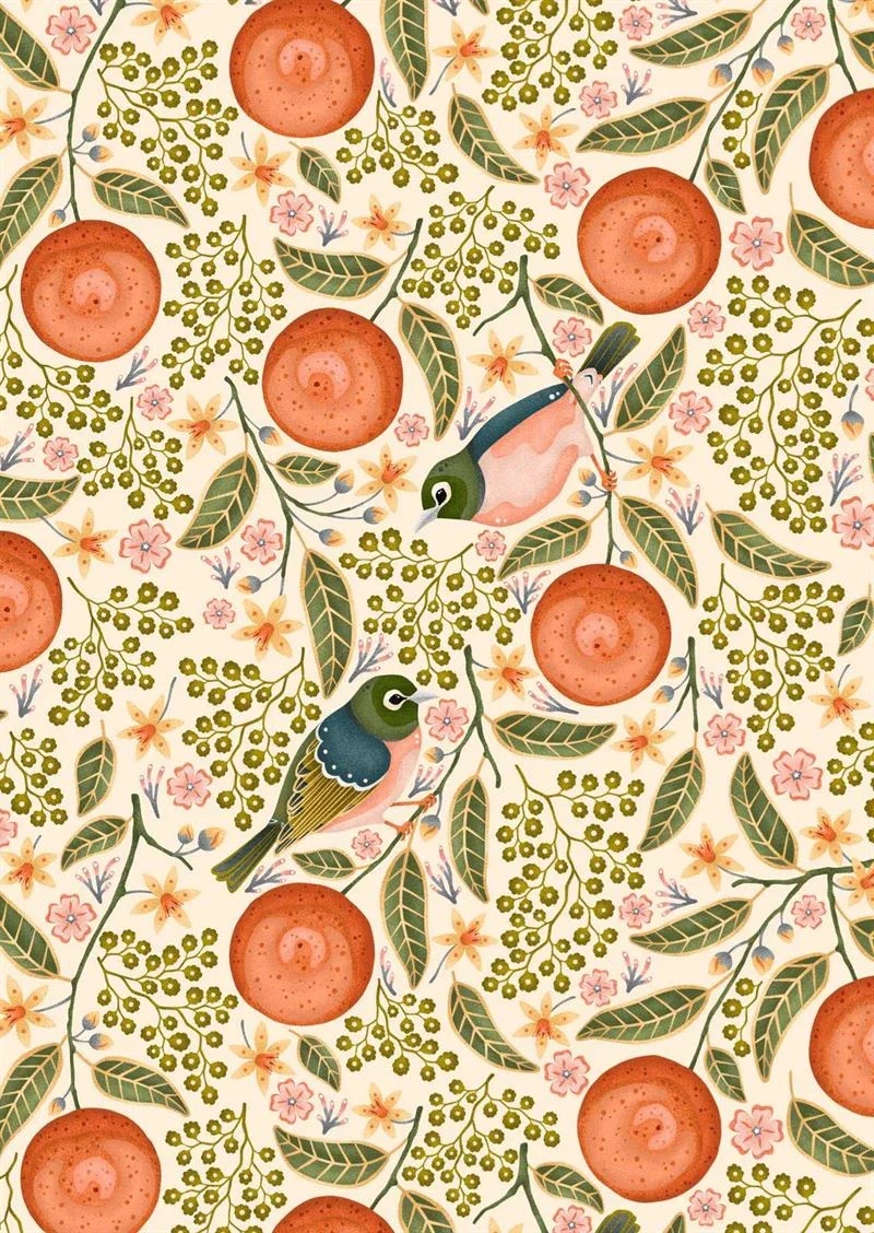 Cream Waxeyes & Mandarins Tea Towel - Catherine Marion