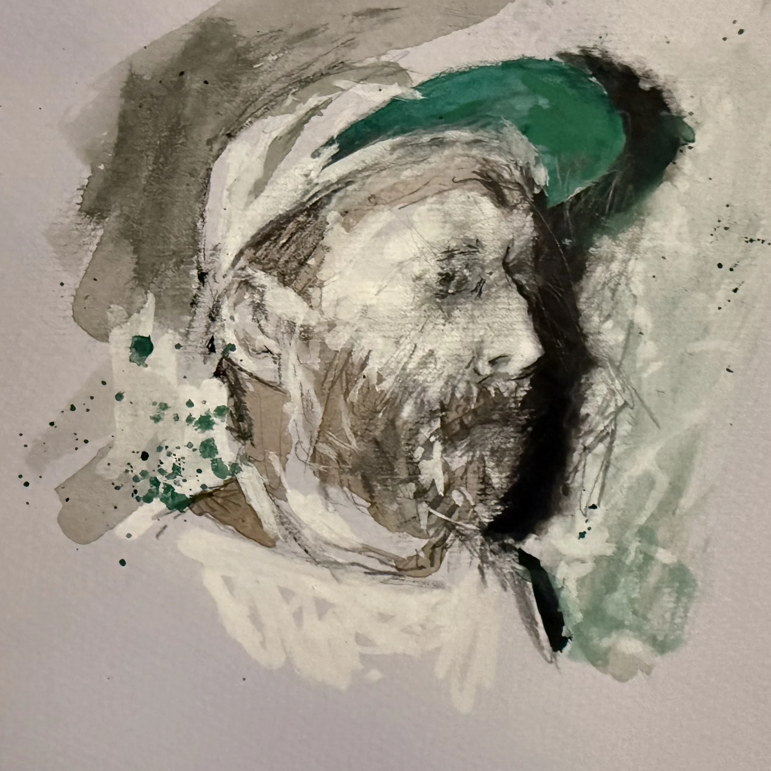 Rodney Fisher, Senses (self portrait), 2026. Watercolours, acrylic pen, charcoal, pencil.